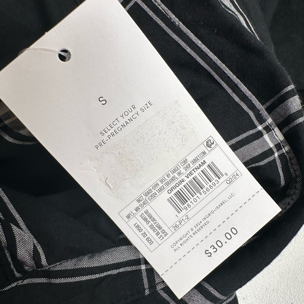 NWT Isabel Women’s Black White Plaid Button-Up Maternity Top Shirt Blouse Size S - Picture 4 of 5